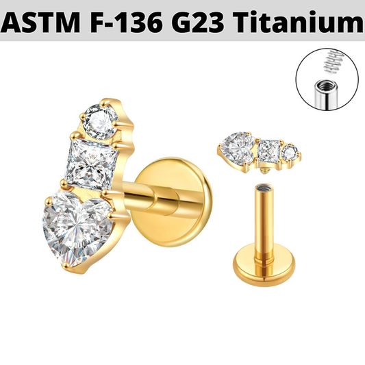 G23 Gold PVD Titanium Internally Threaded Heart Princess CZ Trio Labret