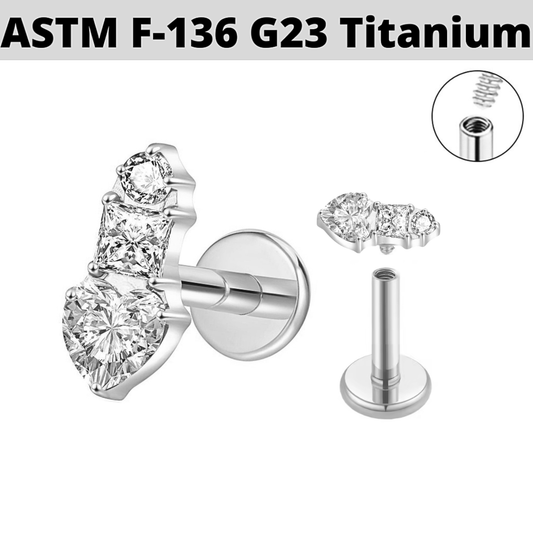 G23 Titanium Internally Threaded Heart Princess CZ Trio Labret