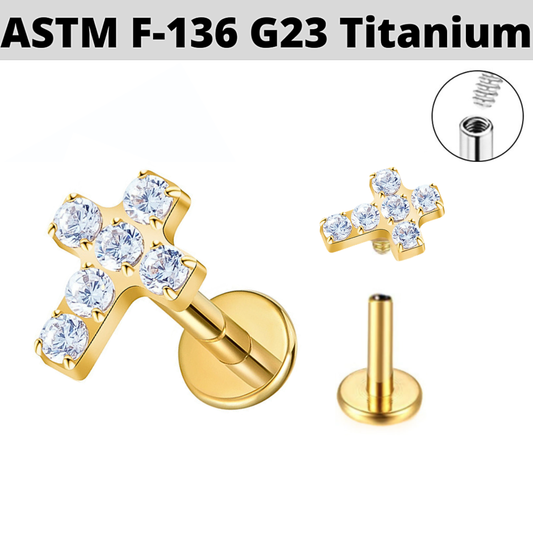 G23 Gold PVD Titanium Internally Threaded Paved CZ Cross Labret