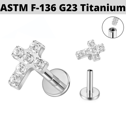 G23 Titanium Internally Threaded Paved CZ Cross Labret