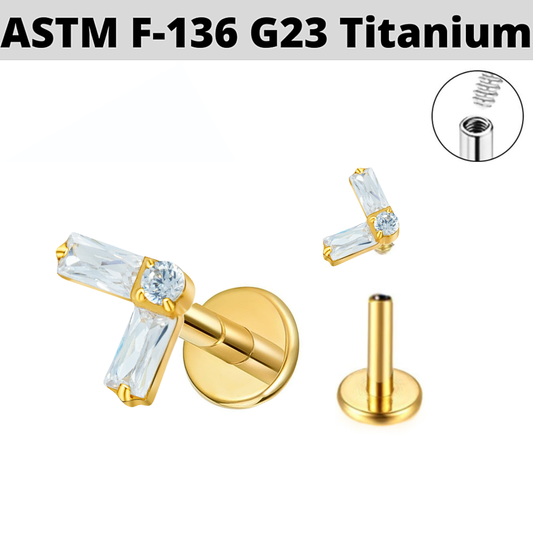 G23 Gold PVD Titanium Internally Threaded Chevron Baguette CZ Tragus Labret