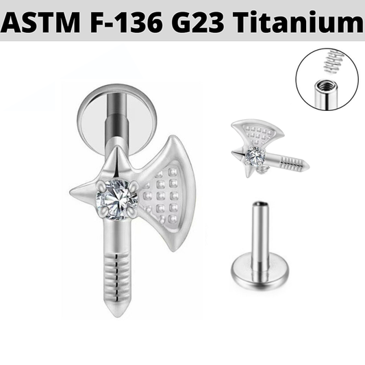 G23 Titanium Internally Threaded CZ Medieval Axe Labret