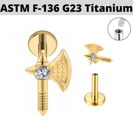 G23 Gold PVD Titanium Internally Threaded CZ Medieval Axe Labret