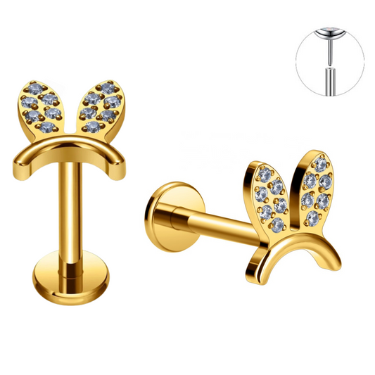Gold Ion Plated Steel Threadless Push In CZ Bunny Ears Labret