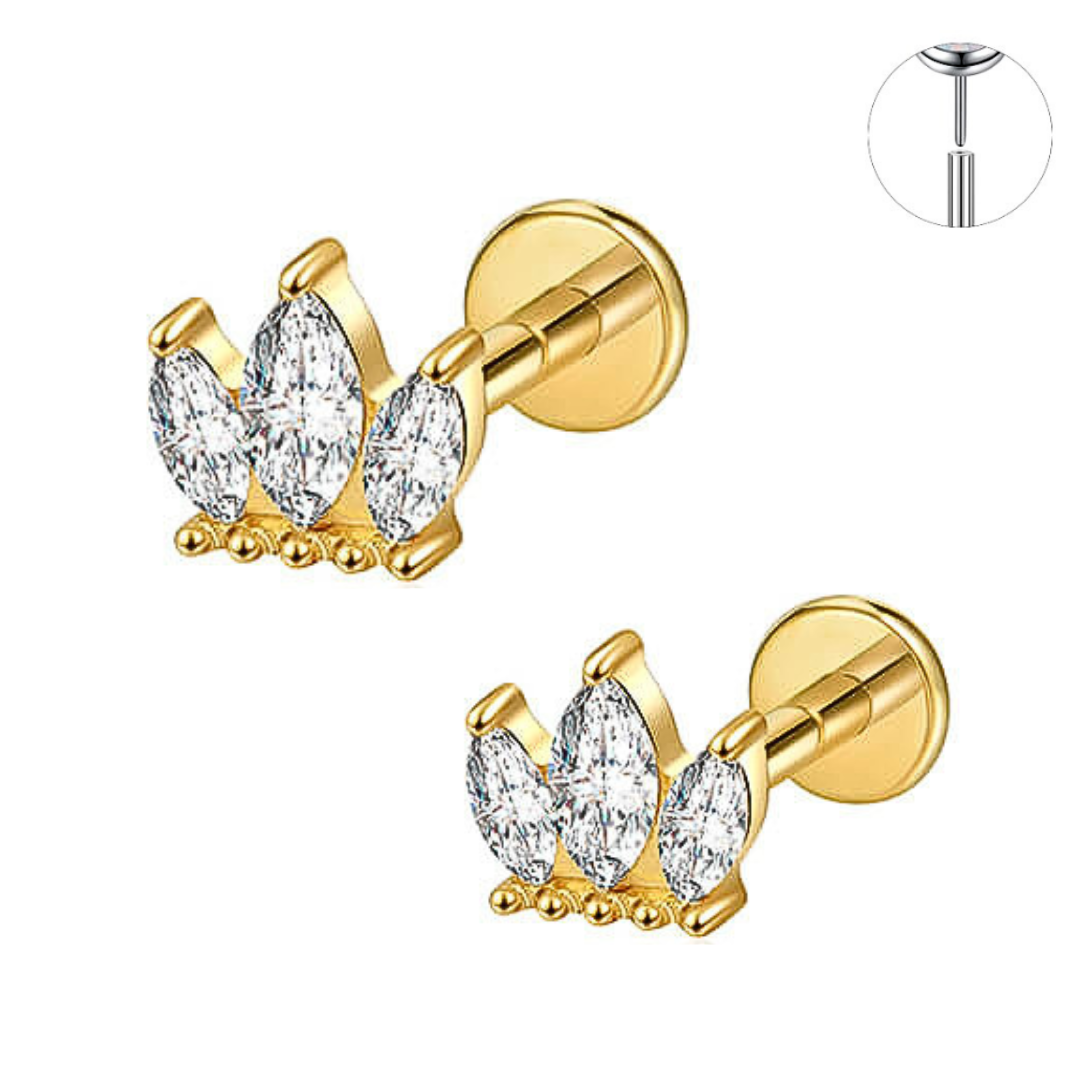 Gold Ion Plated Steel Threadless Push In Marquise CZ Crown Tragus Labret