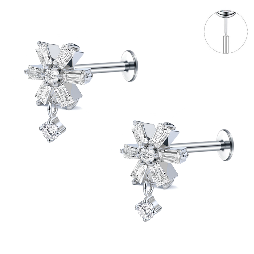 Steel Threadless Push In Baguette Dangle CZ Flower Labret