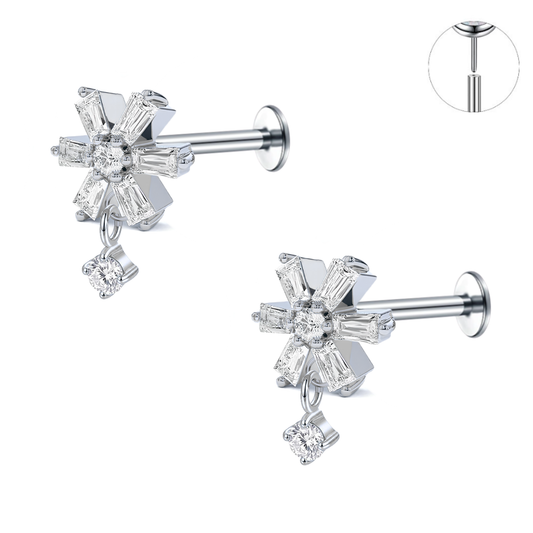 Steel Threadless Push In Baguette Dangle CZ Flower Labret