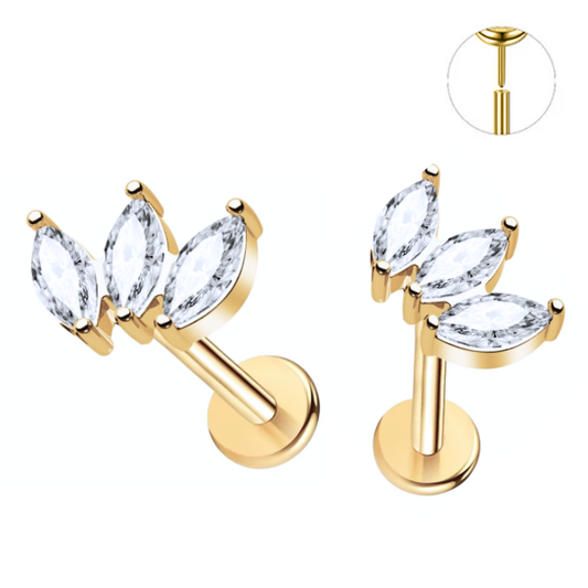 Gold Ion Plated Steel Threadless Push In 3 Marquise Fan CZ Labret
