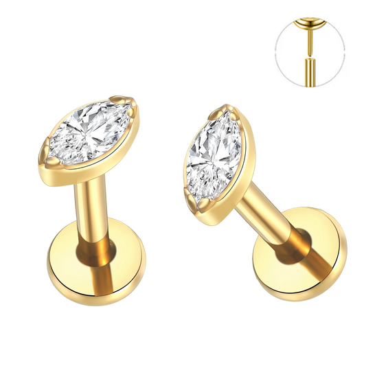 Gold Ion Plated Steel Threadless Push In Marquise CZ Labret