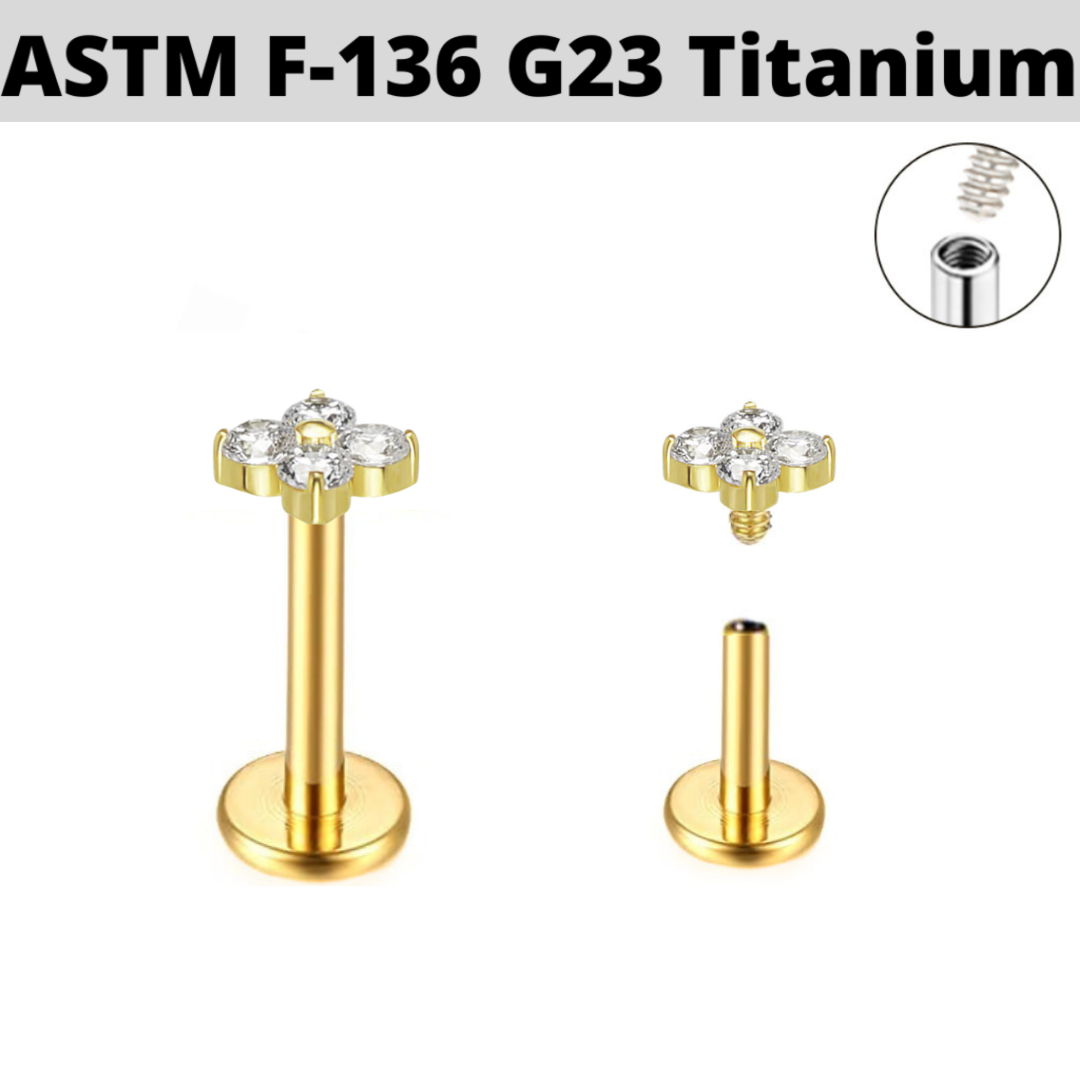 G23 Gold PVD Titanium Internally Threaded Micro CZ Clover Leaf Labret