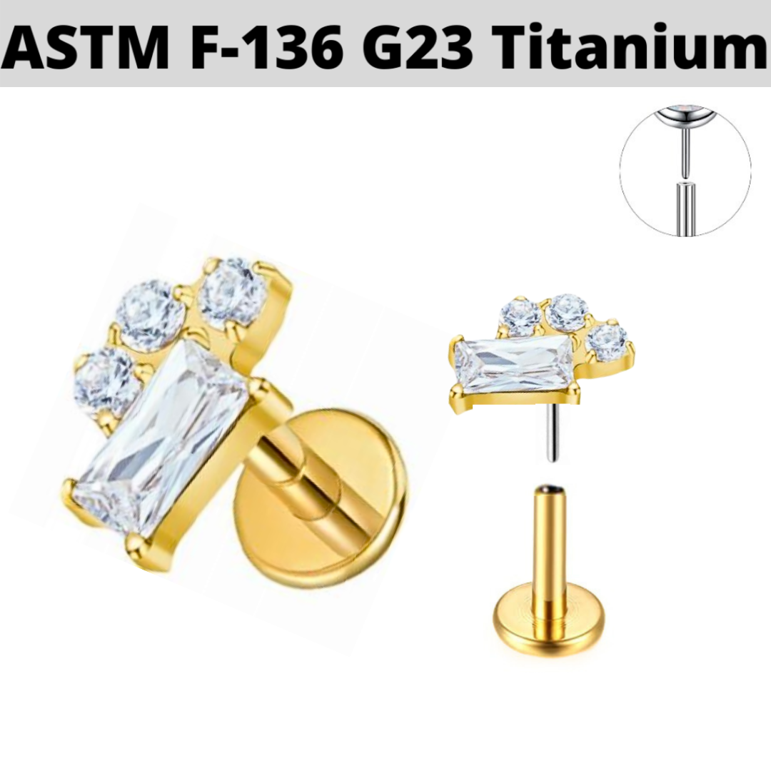 G23 Gold PVD Titanium Threadless Push In Baguette Triple CZ Labret