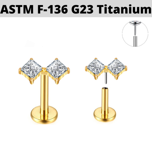 G23 Gold PVD Titanium Threadless Push In Double Princess CZ Labret