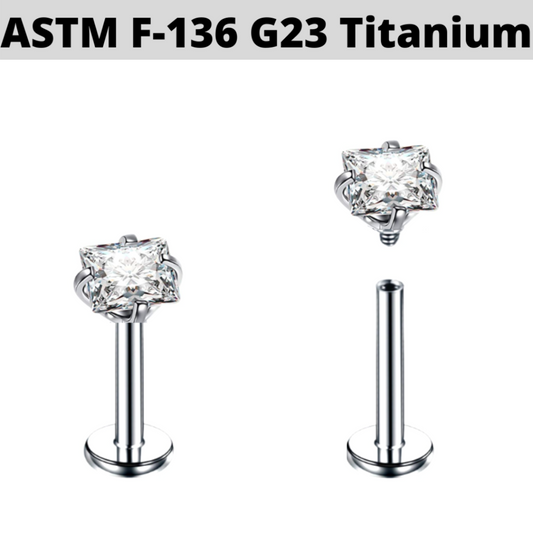 G23 Titanium Internally Threaded Square CZ Prong Set Labret