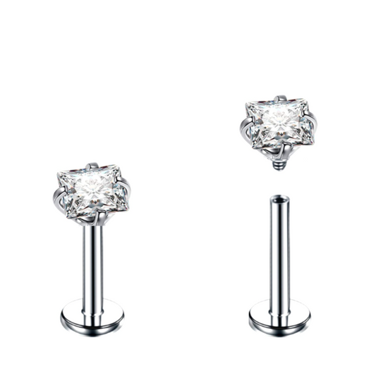 Steel Internally Threaded Square CZ Prong Set Tragus Labret