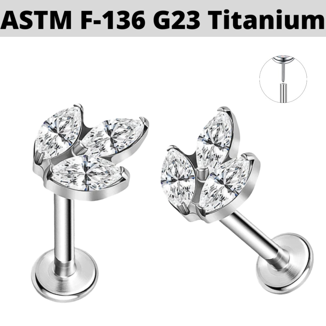 G23 Titanium Threadless Push In Triple Marquise CZ Labret