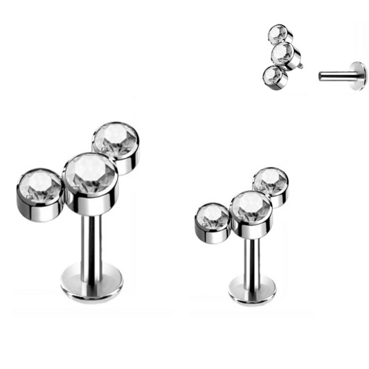 Steel Internally Threaded 3 CZ Cluster Tragus Labret