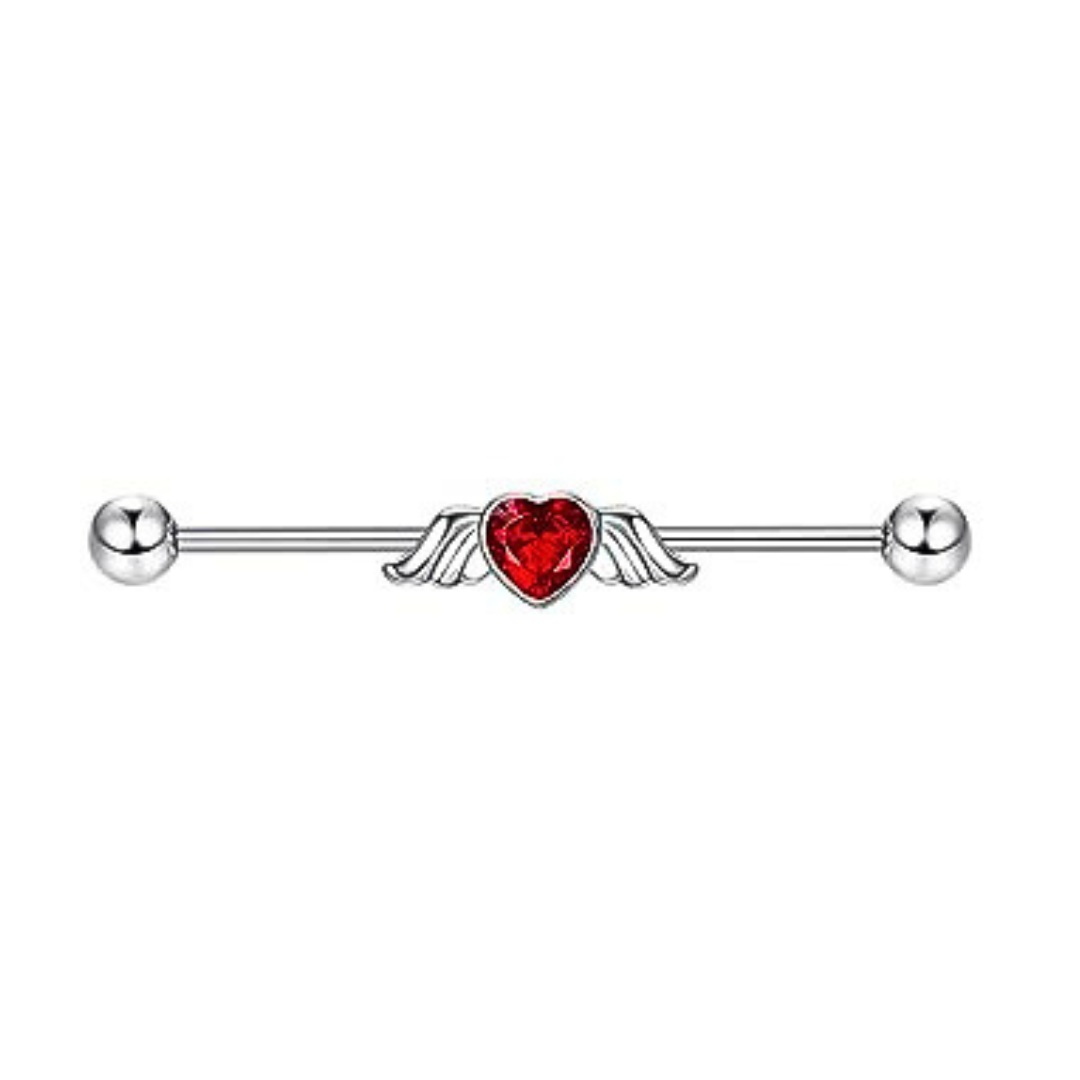 Steel Red CZ Flying Heart Wings Industrial Barbell