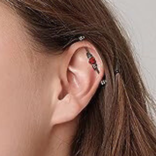 Steel Red CZ Flying Heart Wings Industrial Barbell