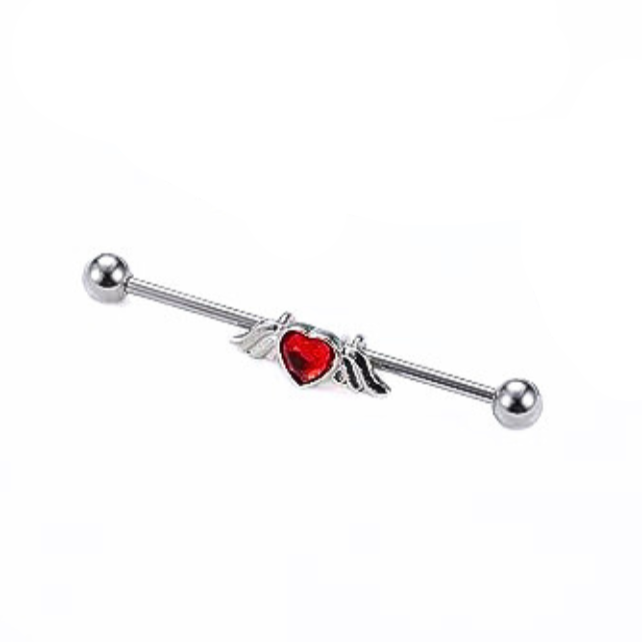 Steel Red CZ Flying Heart Wings Industrial Barbell