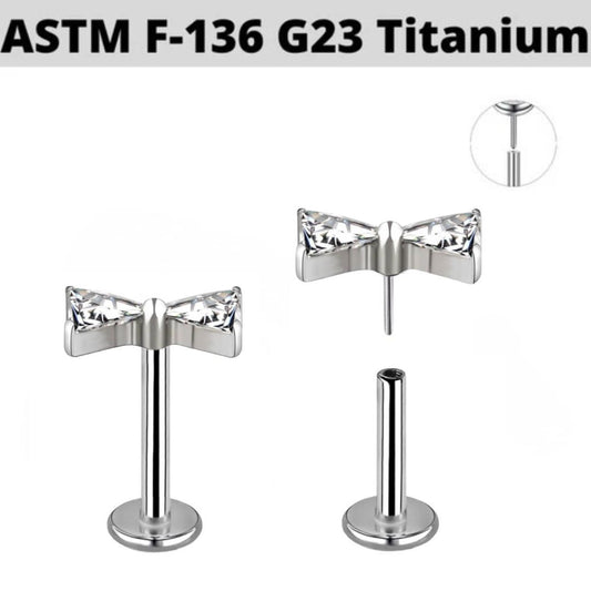 G23 Titanium Threadless Push In Triangle CZ Bow Tie Labret