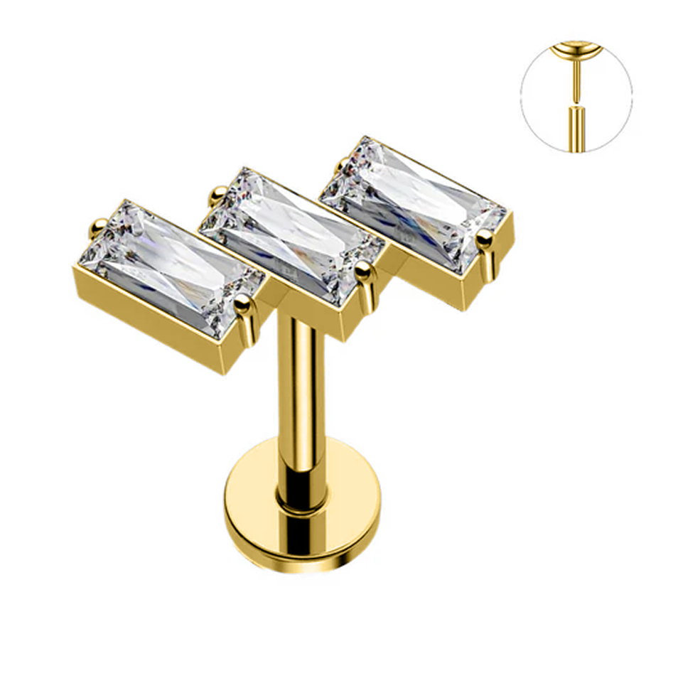 Gold Ion Plated Steel Threadless Push In 3 Slanted Baguette CZ Labret