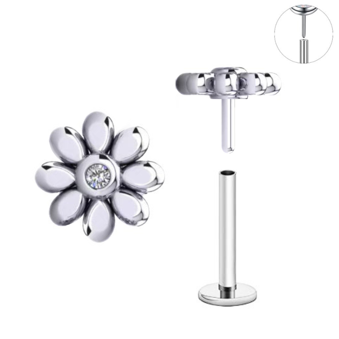 Steel Threadless Push In 8 Petals CZ Flower Tragus Labret