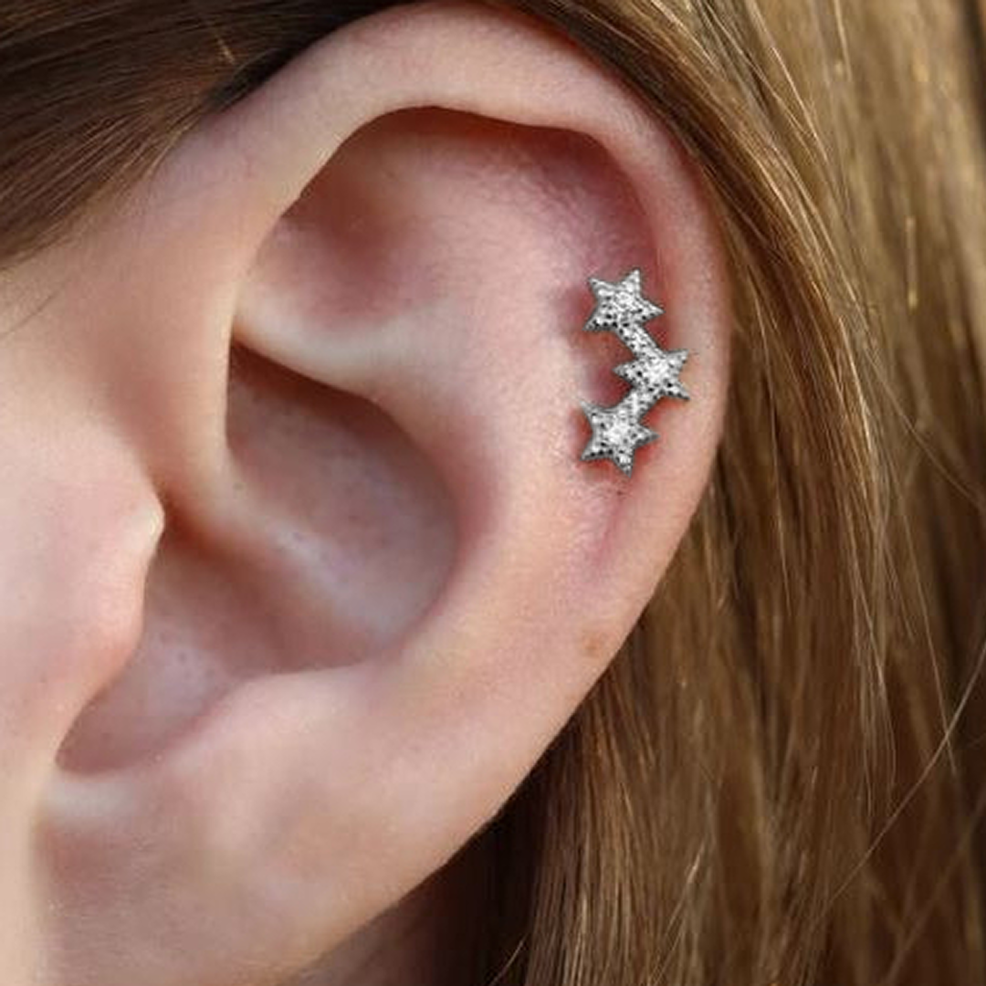 Steel Threadless Push In Triple CZ Stars Tragus Labret