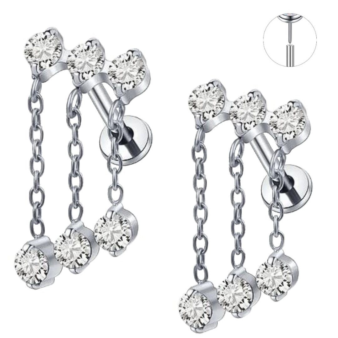 Steel Threadless Push In CZ 3 Chains Dangle Tragus Labret