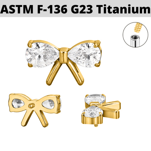 G23 Gold PVD Titanium Internally Threaded Pear CZ Ribbon Bow Top