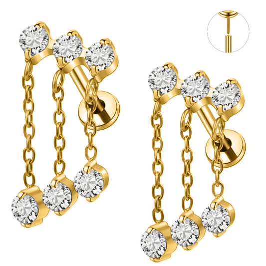 Gold Ion Plated Steel Threadless Push In CZ 3 Chains Dangle Labret