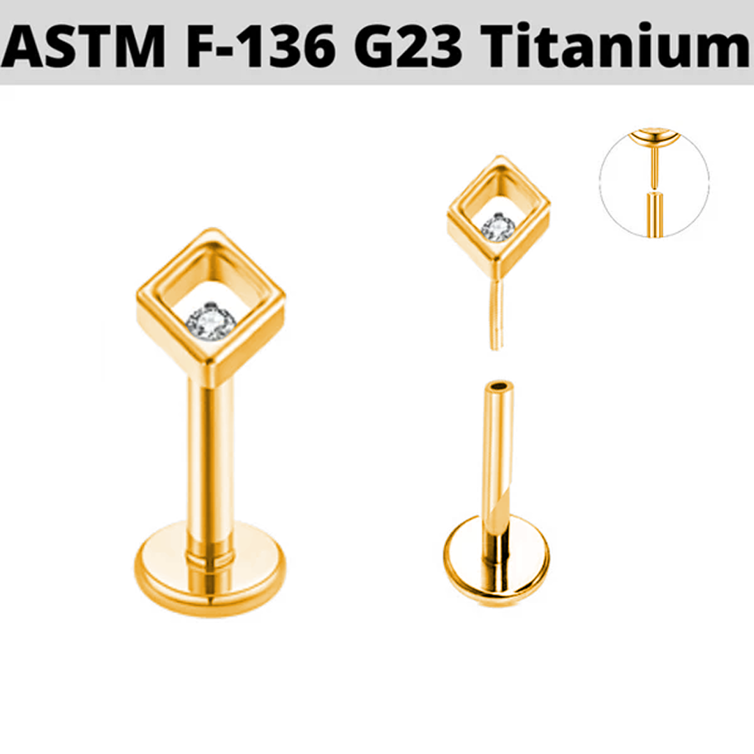 G23 Gold PVD Titanium Threadless Push In Rhombus CZ Labret