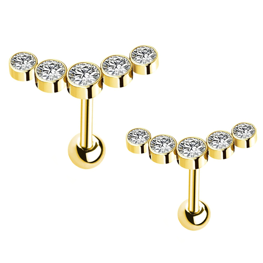 Gold Steel 5 CZ Cluster Ion Plated Tragus Barbell