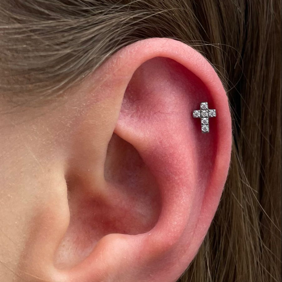 G23 Titanium Internally Threaded Paved CZ Cross Labret