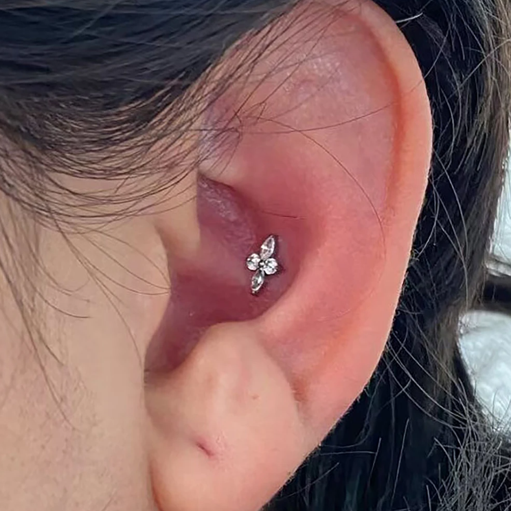 G23 Titanium Threadless Push In Marquise CZ Long Flower Labret