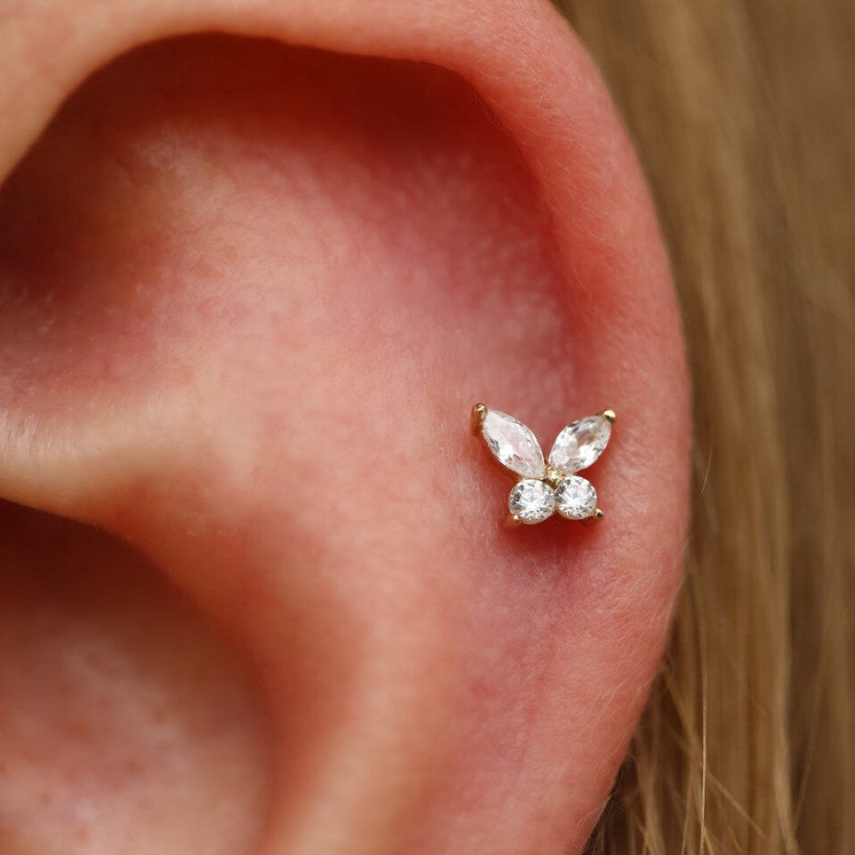 Gold Ion Plated Steel Threadless Push In Marquise CZ Butterfly Labret