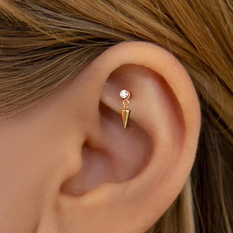 G23 Gold PVD Titanium Threadless Push In CZ Dangle Cone Labret