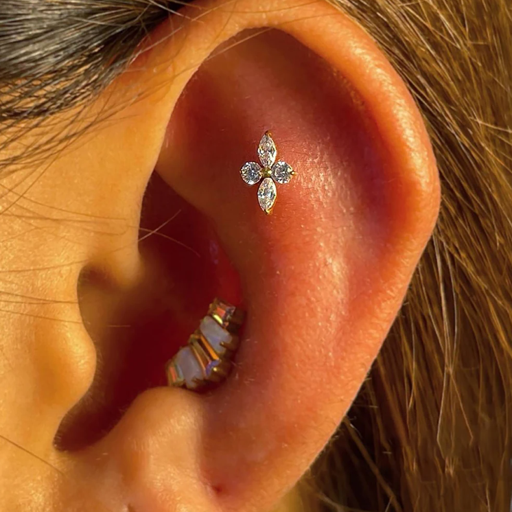 Gold Ion Plated Steel Threadless Push In Marquise CZ Long Flower Labret