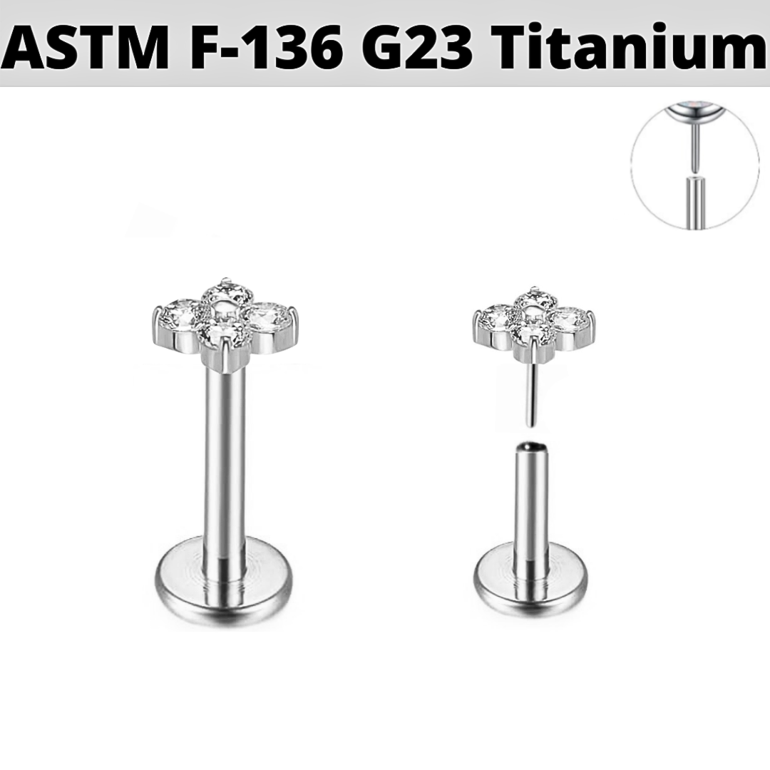 G23 Titanium Threadless Push In Micro CZ Clover Leaf Labret