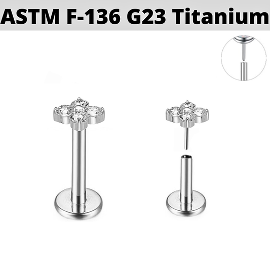G23 Titanium Threadless Push In Micro CZ Clover Leaf Labret