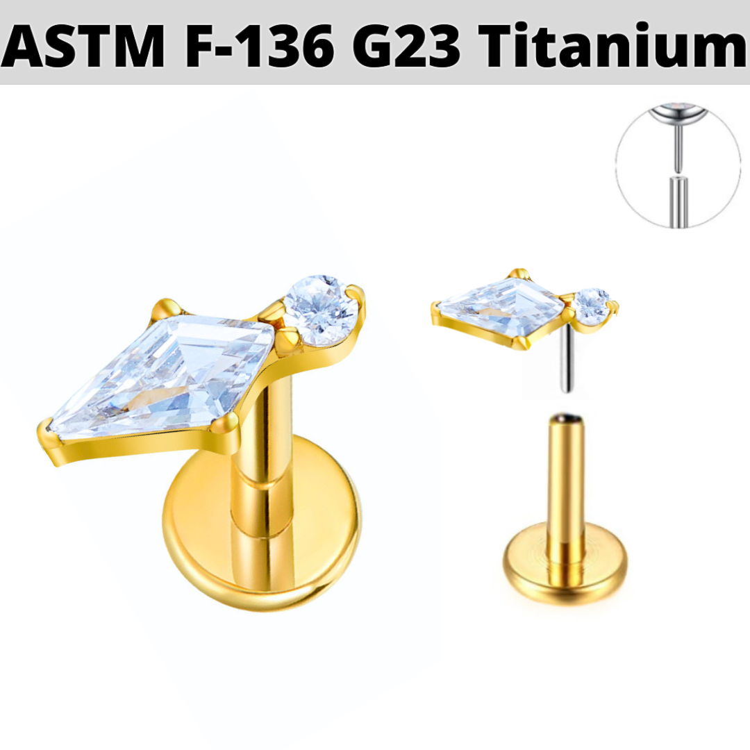 G23 Gold PVD Titanium Threadless Push In Pointed Kite CZ Labret