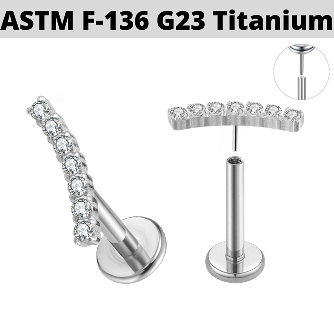 G23 Titanium Threadless Push In Bezel Set 7 CZ Cluster Labret