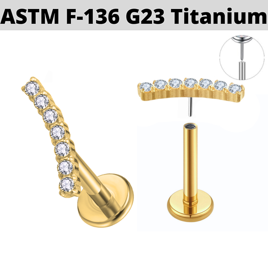 G23 Gold PVD Titanium Threadless Push In Bezel Set 7 CZ Cluster Labret