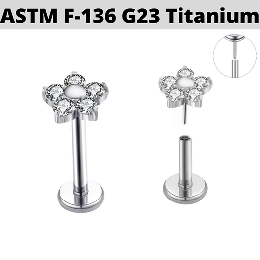 G23 Titanium Threadless Push In 5 CZ Petal Flower Labret