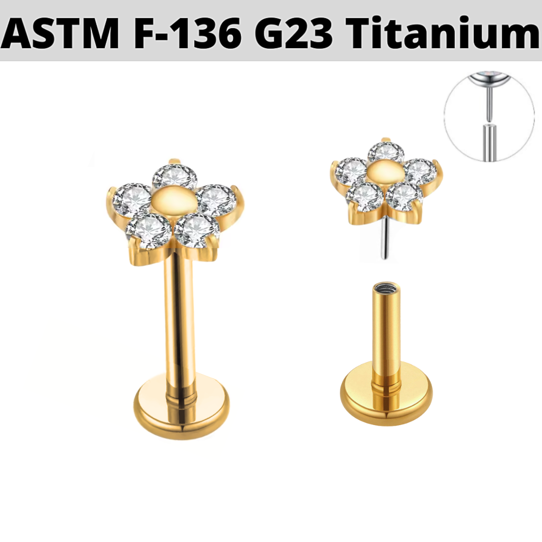 G23 Gold PVD Titanium Threadless Push In 5 CZ Petal Flower Labret