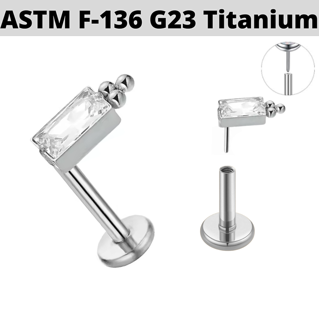 G23 Titanium Threadless Push In Beaded Baguette CZ Labret