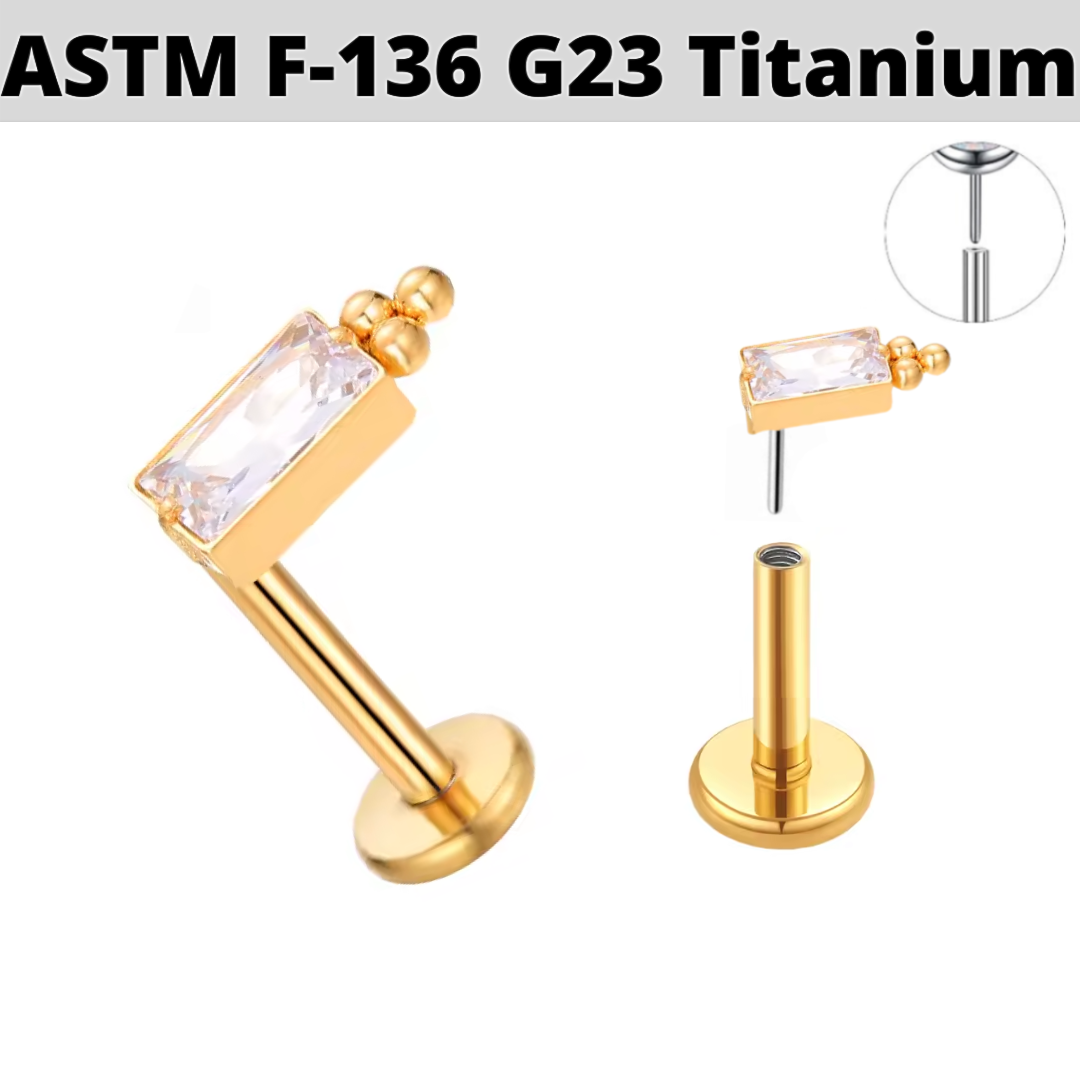G23 Gold PVD Titanium Threadless Push In Beaded Baguette CZ Labret