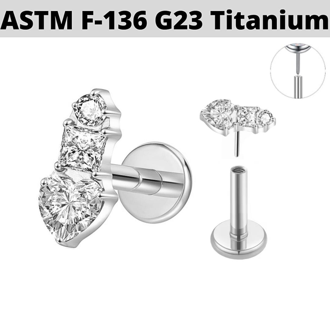 G23 Titanium Threadless Push In Heart Princess CZ Trio Labret