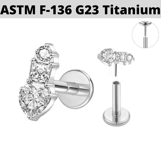 G23 Titanium Threadless Push In Heart Princess CZ Trio Labret