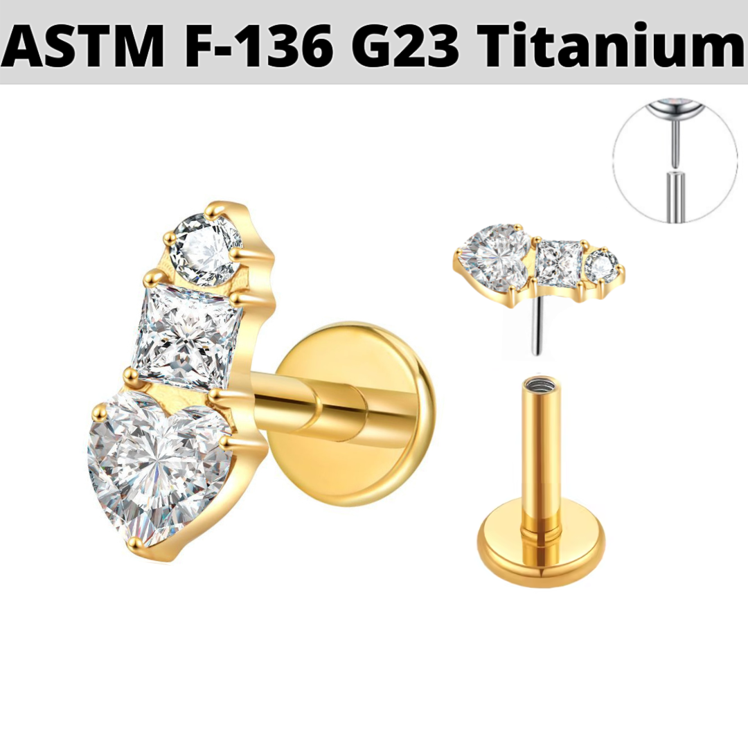 G23 Gold PVD Titanium Threadless Push In Heart Princess CZ Trio Labret