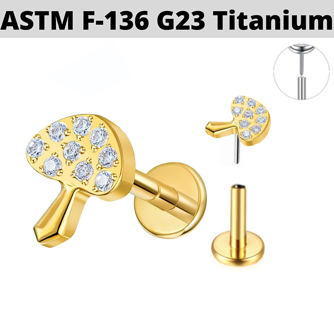 G23 Gold PVD Titanium Threadless Push In CZ Mushroom Labret